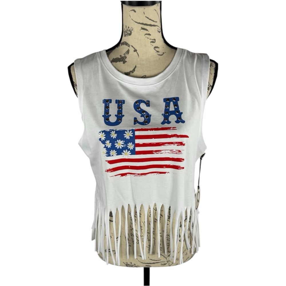 NWT Womens Juniors USA Patriotic Crop Fringe Tank Top American Flag